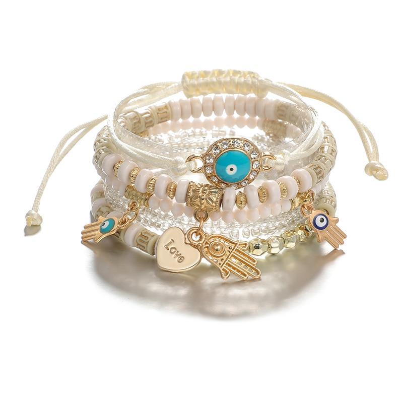 Bracelets superposés à pendentif réglable œil main cœur ethnique pour femme, ensemble de bracelets à perles, bracelets joncs, chaînes de cheville, bijoux de luxe pour femme