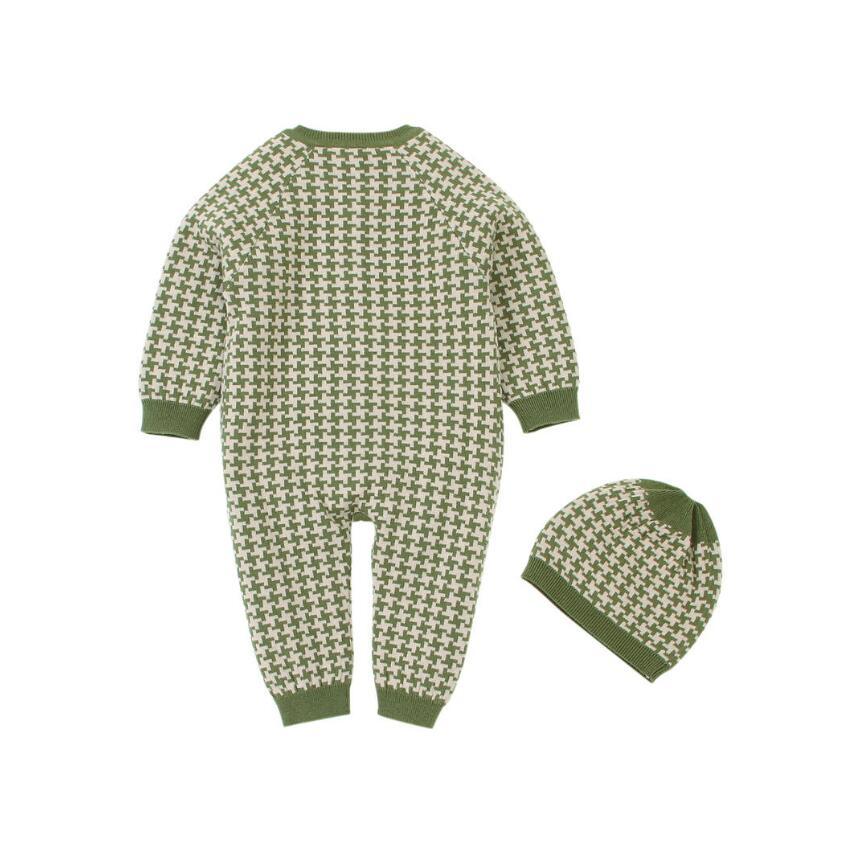 Grenouillère en coton tricotée pour nouveau-né avec bonnet à carreaux, combinaison pour bébés filles et garçons