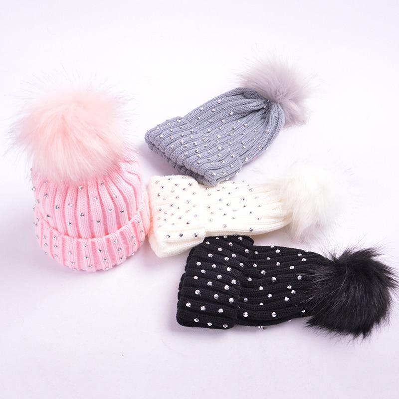 Chapeau Bébé Luxueux Enfant Nouveau-né à Pompon Casquette Tricotée Chaude Avec Strass pour Fille/Garçon Bonnet Doux pour Tout-petit