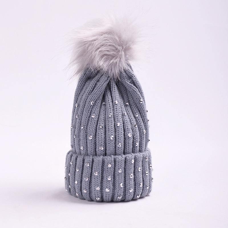Chapeau Bébé Luxueux Enfant Nouveau-né à Pompon Casquette Tricotée Chaude Avec Strass pour Fille/Garçon Bonnet Doux pour Tout-petit
