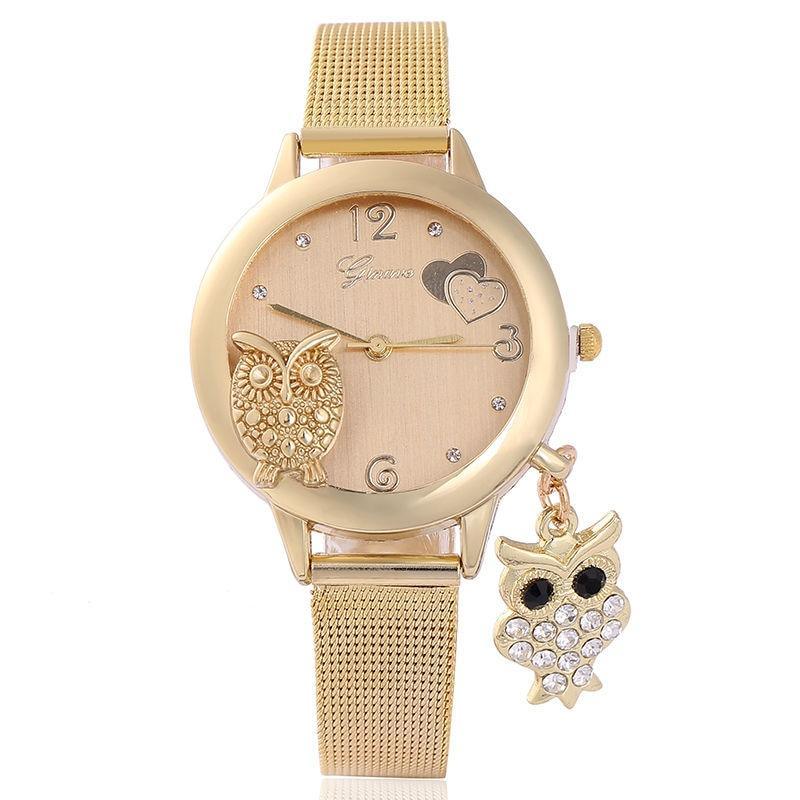 STEVVEX Gold Montre Bracelet Femme Quartz Or Rose Acier Inoxydable Maille Dames Montre-bracelet Horloge Hibou (Or) Pour Femmes et Filles