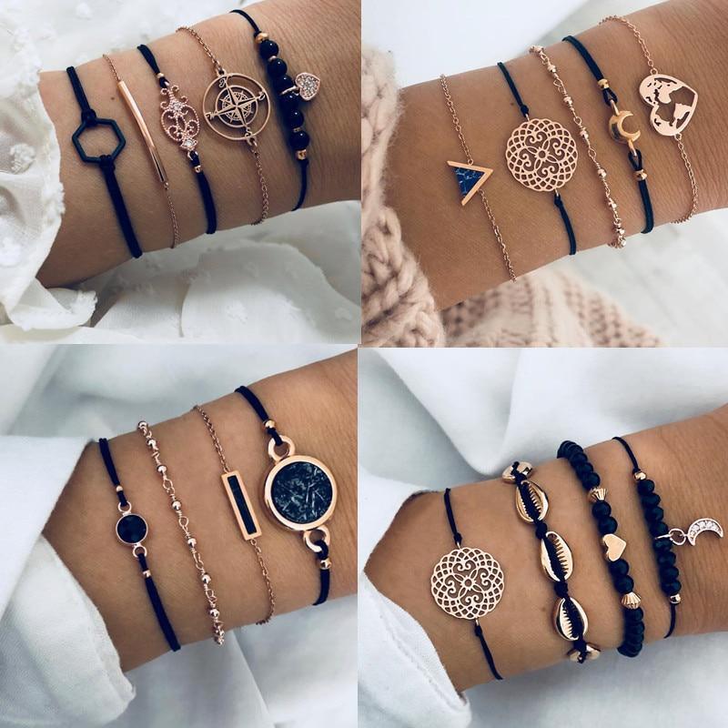 Bracelets de chaîne de perles noires bohèmes pour femmes, ensemble de bracelets de luxe en forme de cœur et de boussole de couleur or, cadeaux de bijoux à la mode