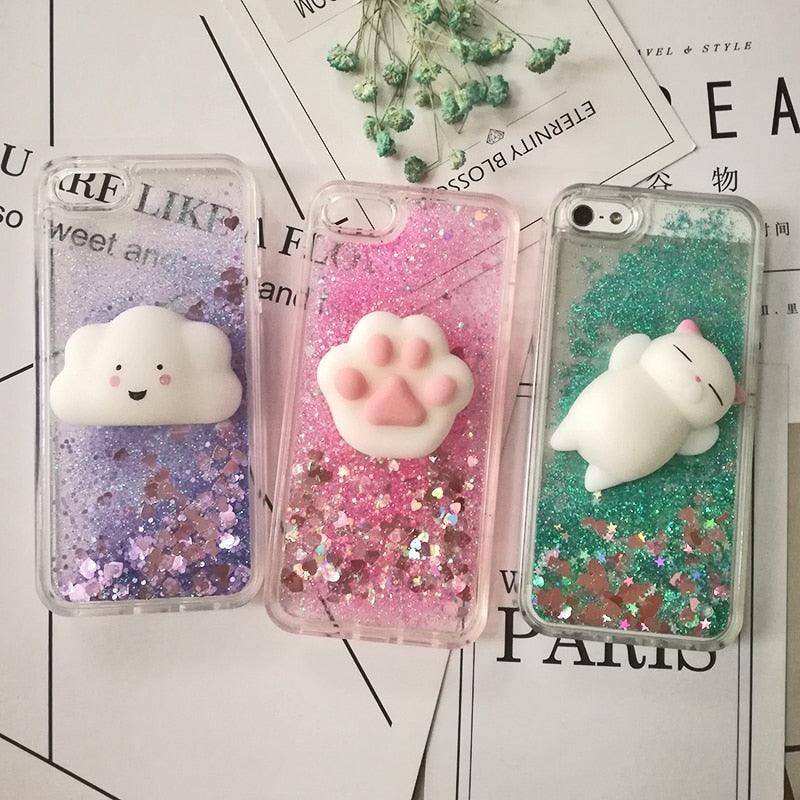 Coque 3D Chat pour iPhone 5s SE 7 7 Plus Coque Liquide Sable Mouvant Paillettes Silicone pour iPhone 8 8 Plus X 6 6s Étui Housse de Téléphone en Caoutchouc Silicone