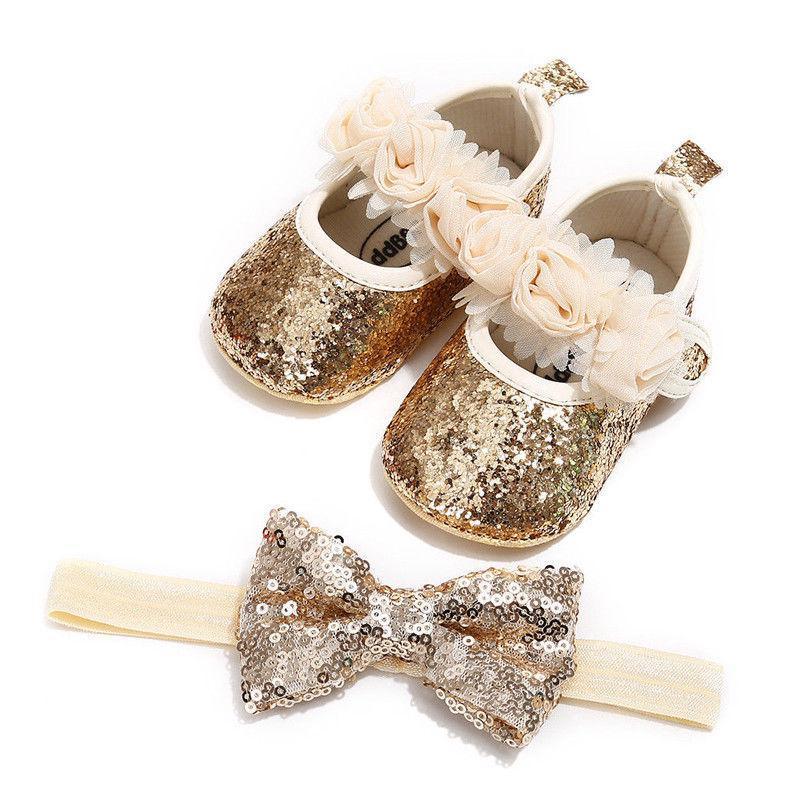 Chaussures Bébé Filles Antidérapantes avec Nœud Pailleté Mignon, Premiers Pas de Princesse, Bandeau et Chaussures de Fête pour Nouveau-Né