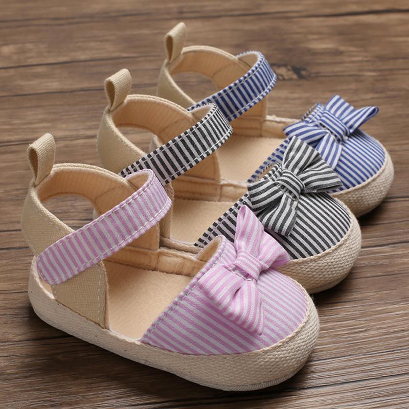 Bébé fille nouveau-né Rayé Noeud Sandales Chaussures souples Bébés Anti-dérapant Baskets Nouvelle Mode Sabots 0-18M
