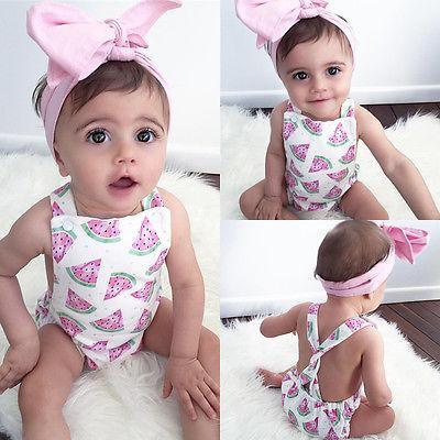 Grenouillère barboteuse pour bébé fille avec bandeau, imprimé pastèque, tenue de soleil, ensemble neuf 0-24 mois au design moderne