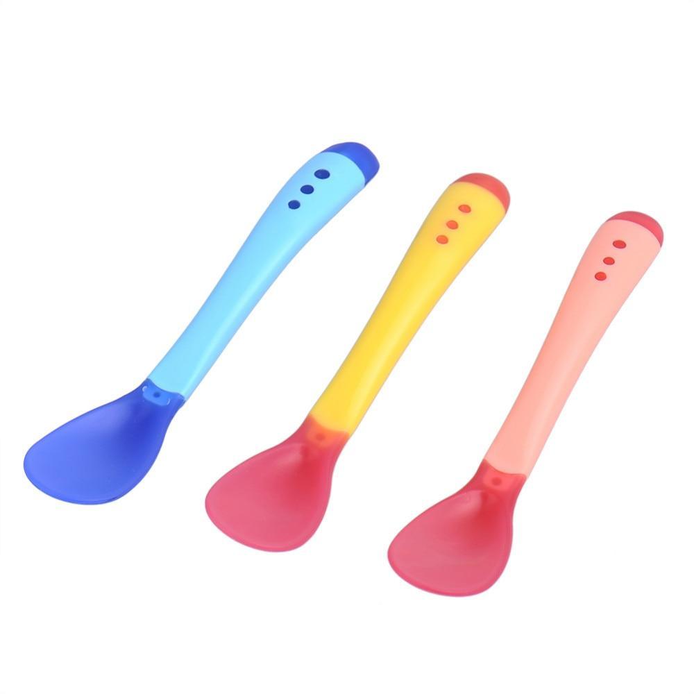1 cuillère-doseuse pour bébé, couverts plats, nouvelle sécurité, vaisselle d'apprentissage pour bébé, cuillère d'alimentation pour bébé à détection de température, silicone souple pour garçons et et filles