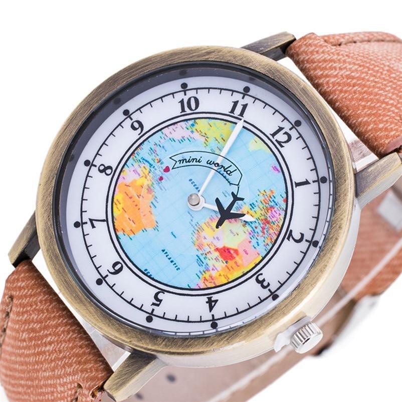 Montre Décontractée Femme, Montre-Bracelet Décontractée Personnalité, Motif Carte du Monde avec Avion, Bracelet en Jean, Montre à Quartz pour Femme et Fille