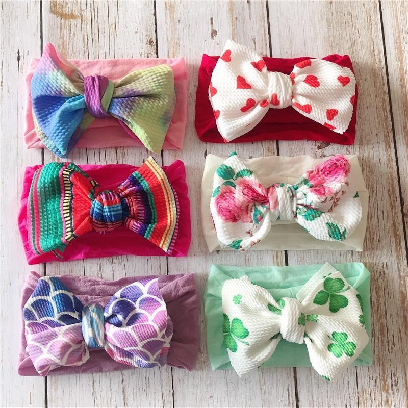 Bandeau en tissu de nylon imprimé pour bébé, bandeaux pour filles, nœuds, turban, bandeau de nouveau-né pour filles