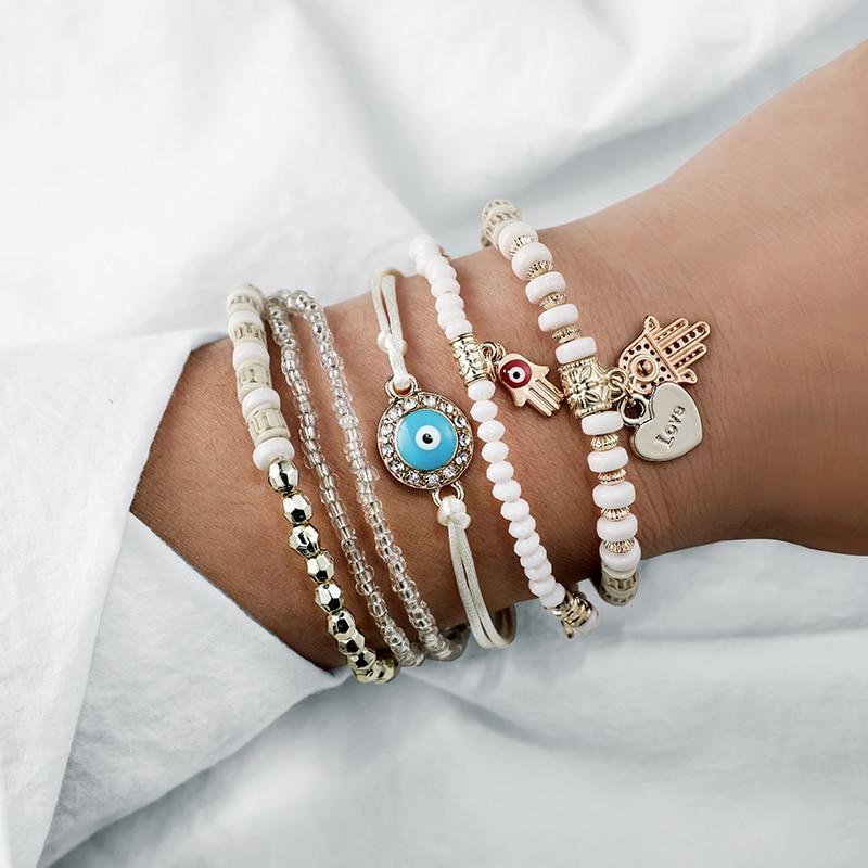 Bracelets superposés à pendentif réglable œil main cœur ethnique pour femme, ensemble de bracelets à perles, bracelets joncs, chaînes de cheville, bijoux de luxe pour femme