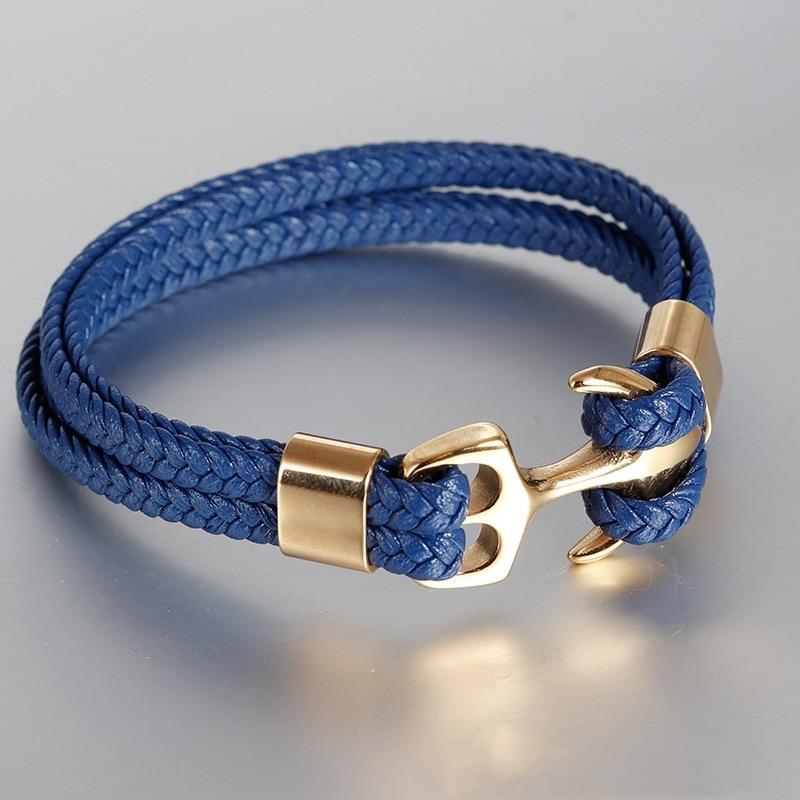 Bracelet élégant en cuir à la mode pour hommes Bijoux Bracelet en cuir de luxe bleu Ancre en acier inoxydable doré Corde tressée Superbe style nautique Cadeau bracelet d'amitié