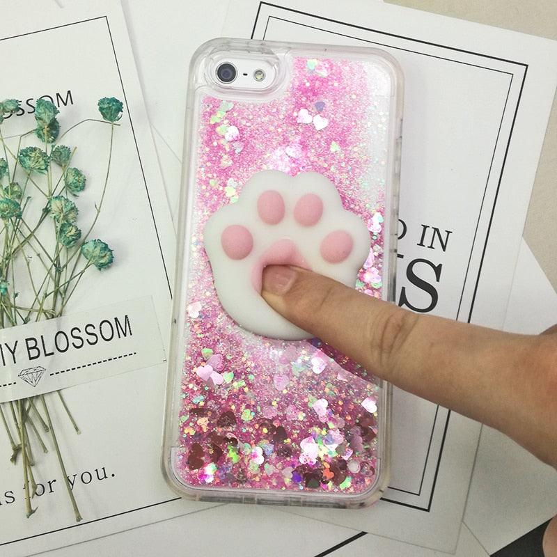 Coque 3D Chat pour iPhone 5s SE 7 7 Plus Coque Liquide Sable Mouvant Paillettes Silicone pour iPhone 8 8 Plus X 6 6s Étui Housse de Téléphone en Caoutchouc Silicone