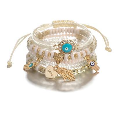 Bracelets superposés à pendentif réglable œil main cœur ethnique pour femme, ensemble de bracelets à perles, bracelets joncs, chaînes de cheville, bijoux de luxe pour femme