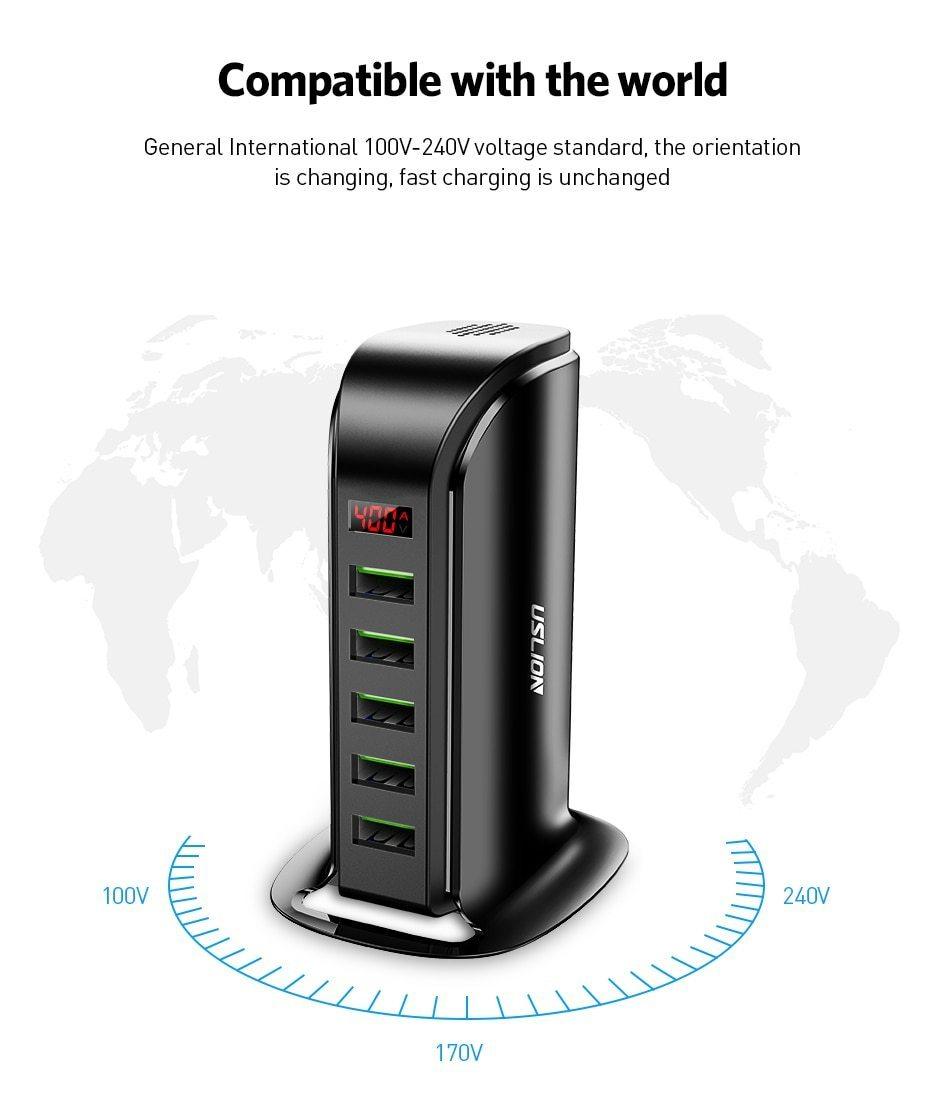 Chargeur USB puissant 5 ports à économie d'énergie, écran LED, station de charge USB multiple, station d'accueil universelle pour téléphone portable, prise murale de bureau UE Royaume-Uni