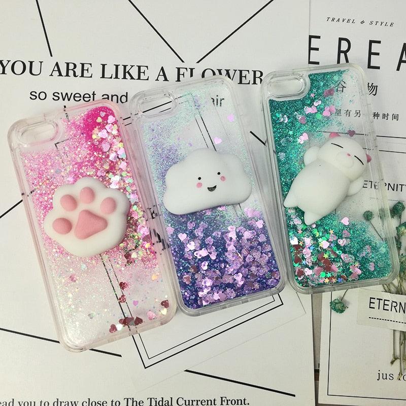 Coque 3D Chat pour iPhone 5s SE 7 7 Plus Coque Liquide Sable Mouvant Paillettes Silicone pour iPhone 8 8 Plus X 6 6s Étui Housse de Téléphone en Caoutchouc Silicone