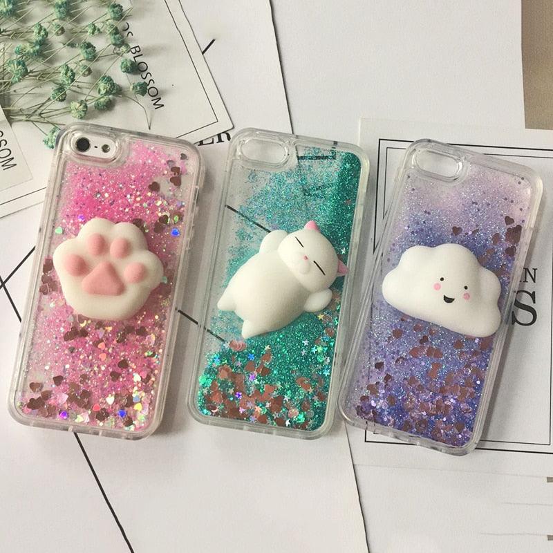 Coque 3D Chat pour iPhone 5s SE 7 7 Plus Coque Liquide Sable Mouvant Paillettes Silicone pour iPhone 8 8 Plus X 6 6s Étui Housse de Téléphone en Caoutchouc Silicone