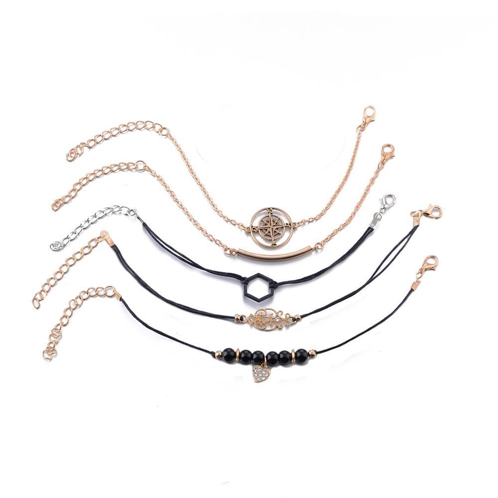 Bracelets de chaîne de perles noires bohèmes pour femmes, ensemble de bracelets de luxe en forme de cœur et de boussole de couleur or, cadeaux de bijoux à la mode