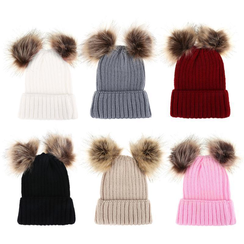 Casquettes Parent-enfant Tendance Mignon Bébé Pompon Casquette Hiver Double Balle de Fourrure Chapeau Bébé Maman Chapeau Tricoté Chaud
