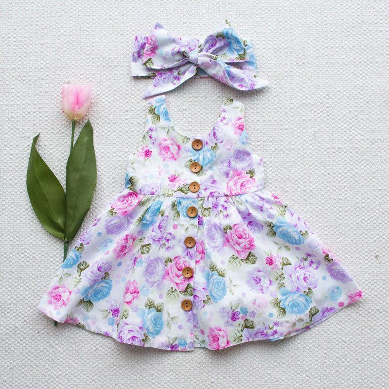 Robe Débardeur Florale Moderne Colorée pour Bébés Filles avec Bandeau Assorti sans Manches Boutonnée pour Enfants Filles, Idéale pour l'Été