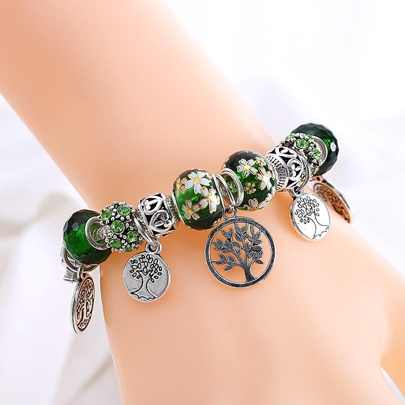 Élégant, Moderne, Superbe, Tendance, Nouveau Bracelet de luxe Arbre de Vie en Argent, Bracelet à Breloques en Cristal Feuille Verte