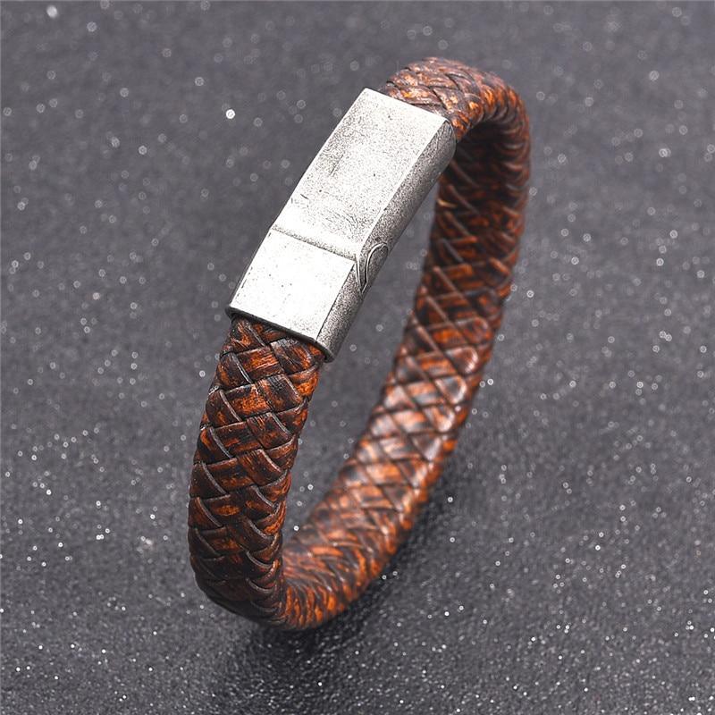 Bracelet en cuir tressé de luxe artisanal pour homme en cuir noir et bleu avec design en acier inoxydable