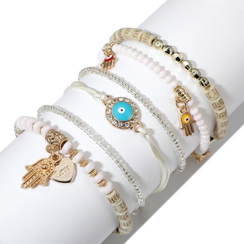 Bracelets superposés à pendentif réglable œil main cœur ethnique pour femme, ensemble de bracelets à perles, bracelets joncs, chaînes de cheville, bijoux de luxe pour femme