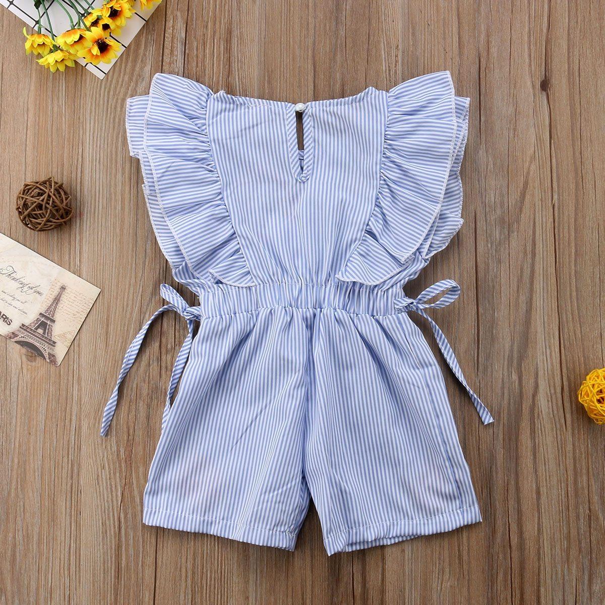 Barboteuse/combinaison d'été pour bébé fille, manches courtes pétales, taille élastique, imprimé floral, rayures bleues, robe en dentelle