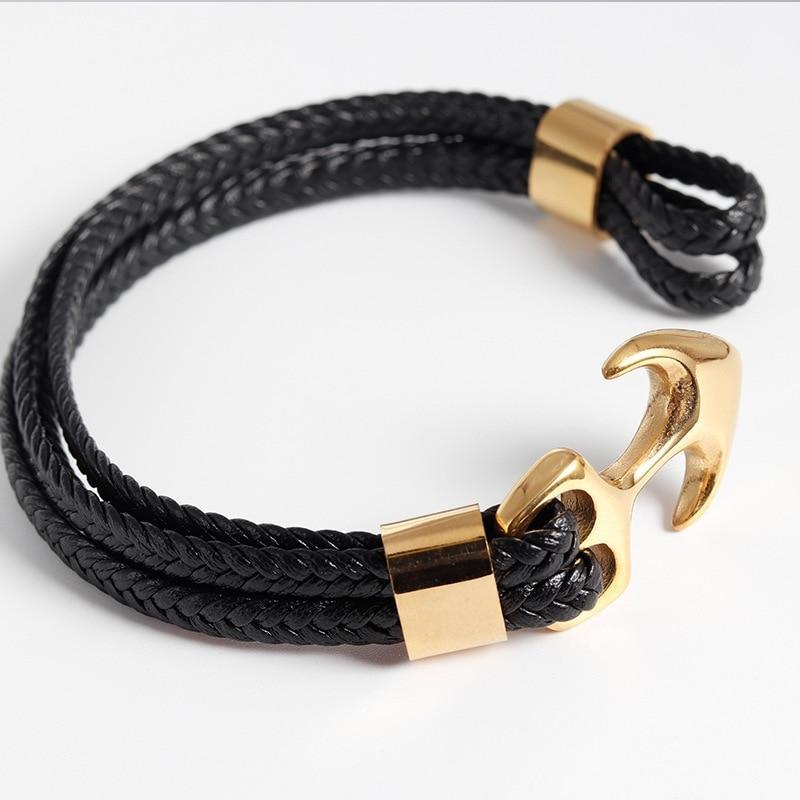 Bracelet élégant en cuir à la mode pour hommes Bijoux Bracelet en cuir de luxe bleu Ancre en acier inoxydable doré Corde tressée Superbe style nautique Cadeau bracelet d'amitié