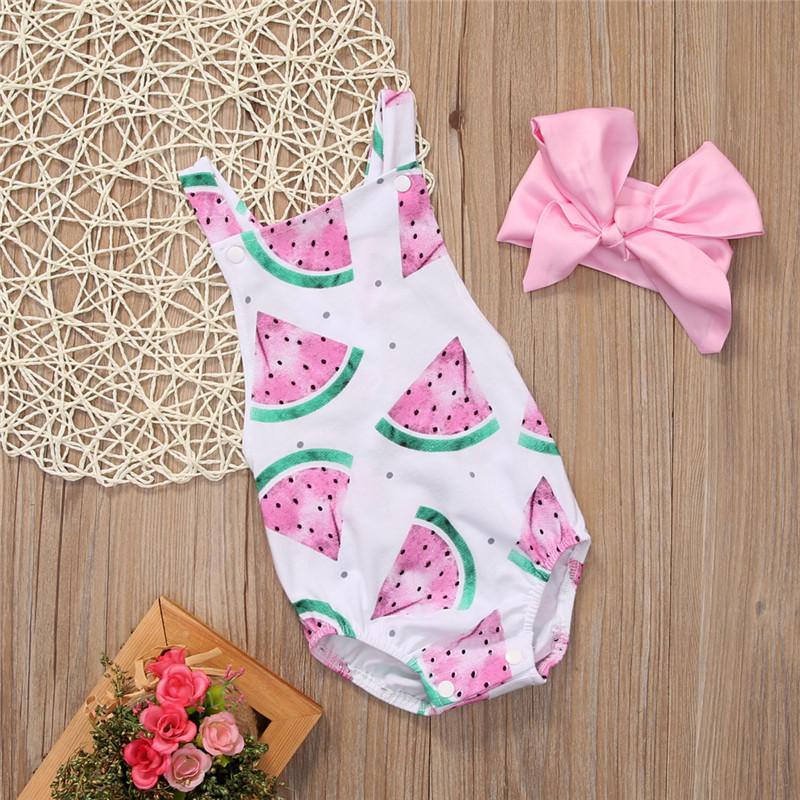 Grenouillère barboteuse pour bébé fille avec bandeau, imprimé pastèque, tenue de soleil, ensemble neuf 0-24 mois au design moderne