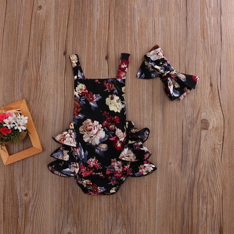 2 pièces Bébés Filles Vêtements Fleur Barboteuse Sans Manches Combinaison Tenues Bandeau Vêtements Avec Nœud Au Design Floral Élégant