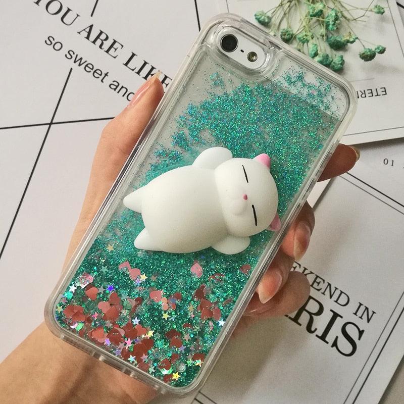 Coque 3D Chat pour iPhone 5s SE 7 7 Plus Coque Liquide Sable Mouvant Paillettes Silicone pour iPhone 8 8 Plus X 6 6s Étui Housse de Téléphone en Caoutchouc Silicone