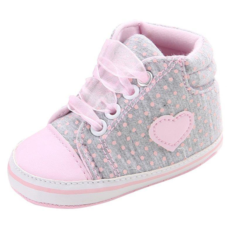 Baskets Premiers Pas Bébé Fille Points Cœur Automne Lacets Semelle Souple Coton
