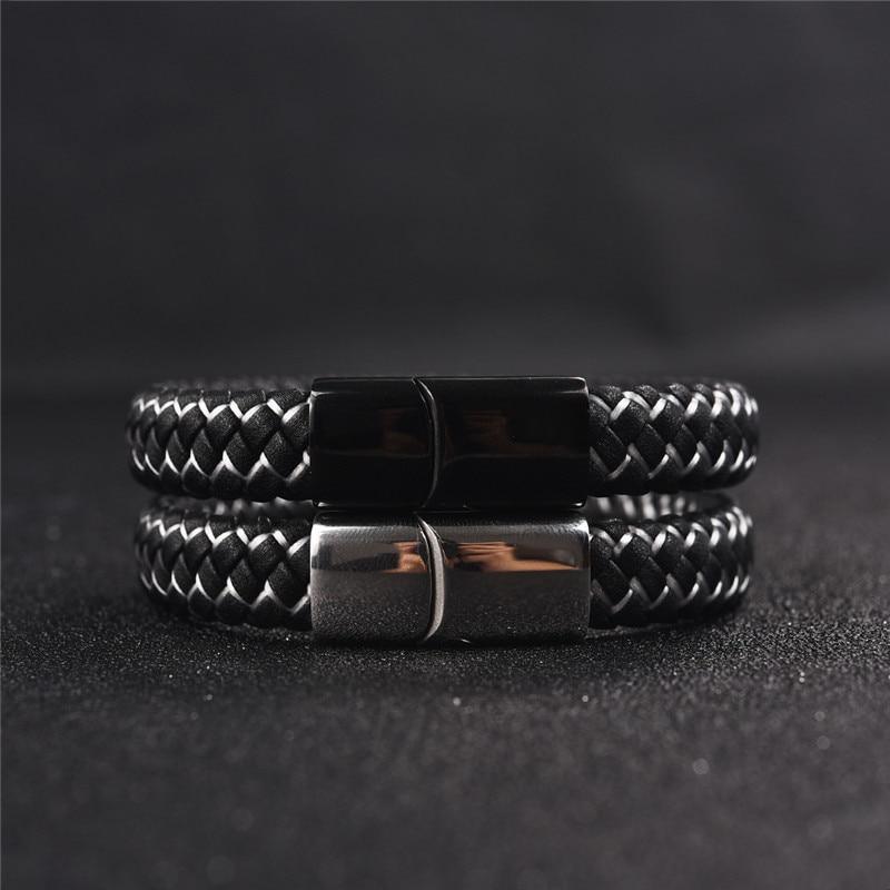 Bracelet en cuir tressé de luxe artisanal pour homme en cuir noir et bleu avec design en acier inoxydable
