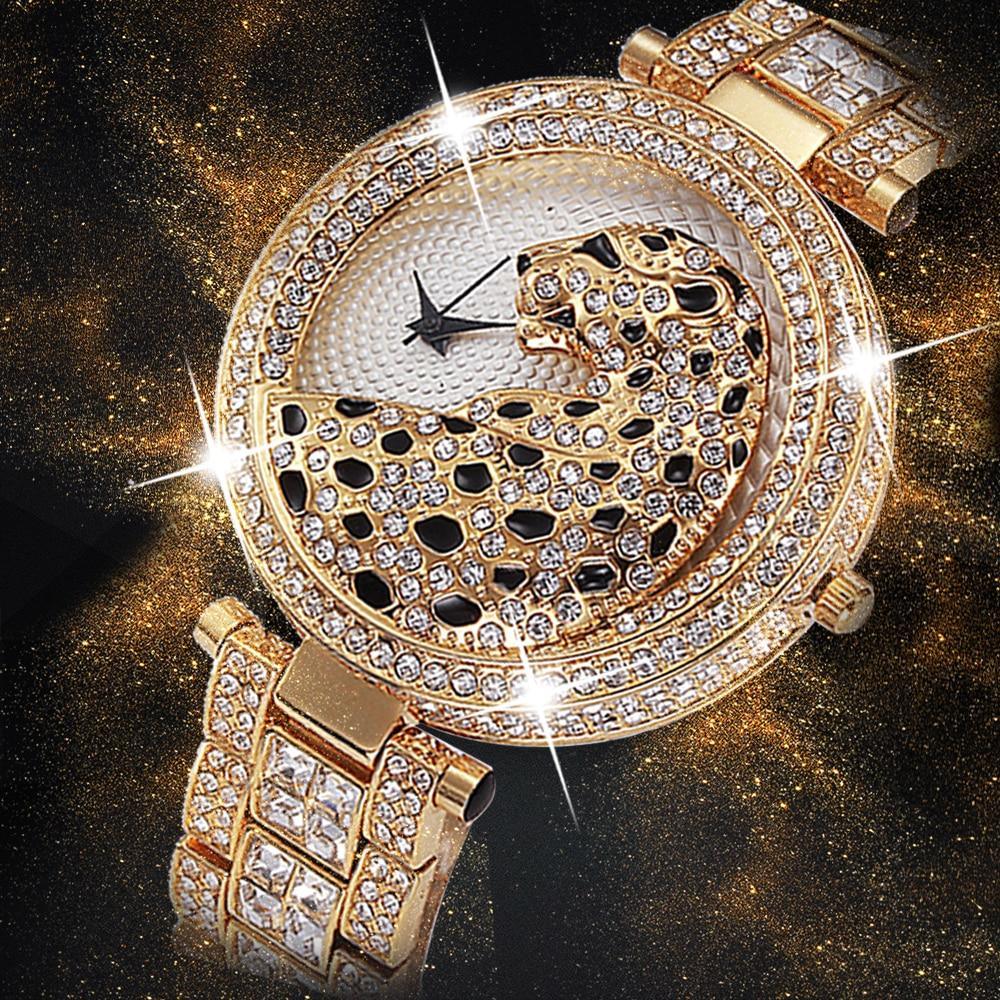 Montre à quartz pour femmes, tendance, bling, décontractée, pour dames, en or, avec cristaux, diamant et léopard, pour femmes et jeunes filles