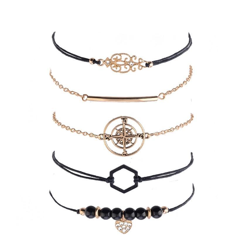 Bracelets de chaîne de perles noires bohèmes pour femmes, ensemble de bracelets de luxe en forme de cœur et de boussole de couleur or, cadeaux de bijoux à la mode