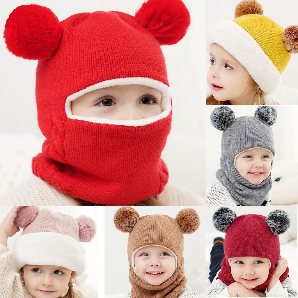 Nouveaux Bonnets d'Hiver Modernes pour Enfants Oreilles Filles Garçons Ensemble Écharpe Chaud Bébé Tricoté Bonnet Mignon pour l'Hiver pour Garçons et Filles