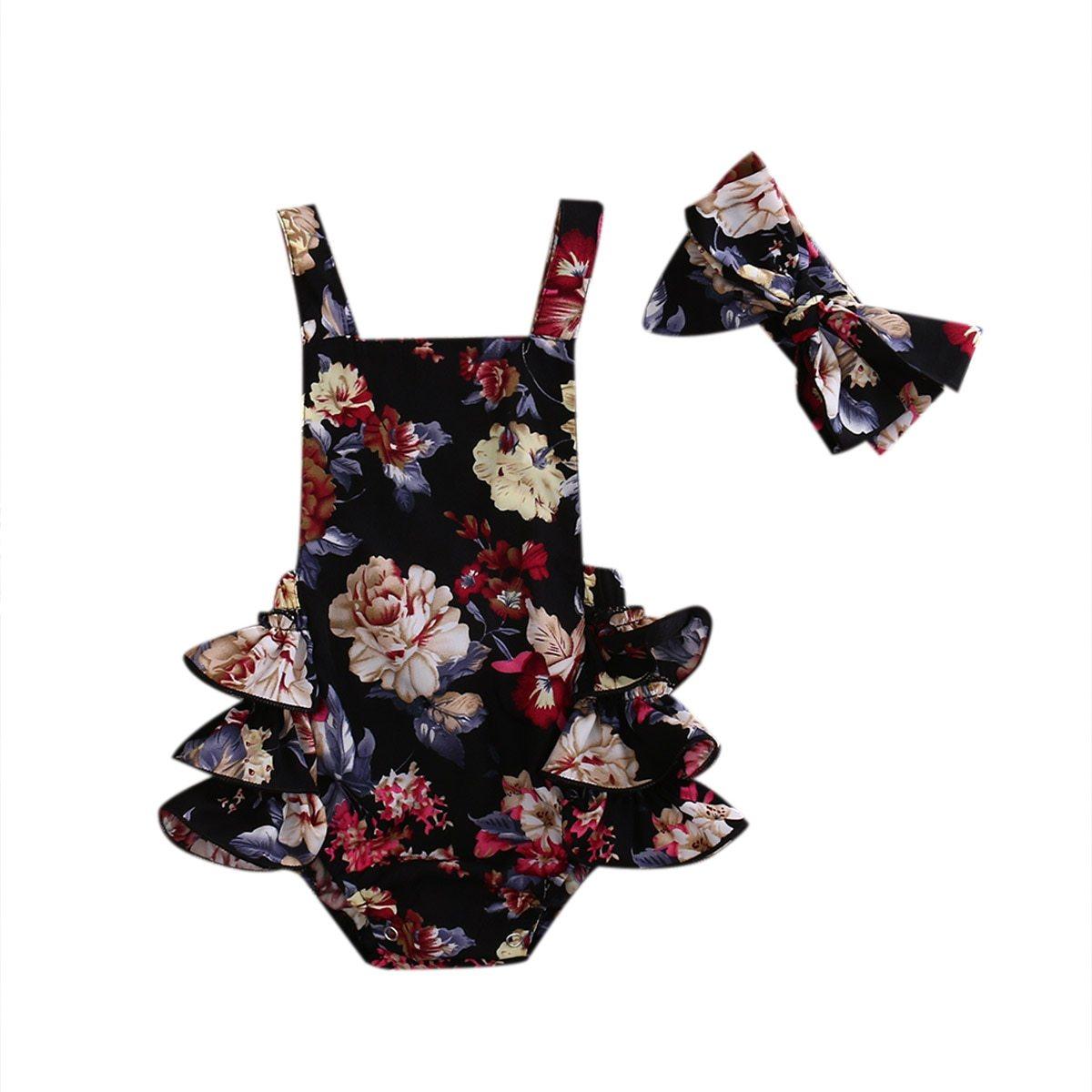 2 pièces Bébés Filles Vêtements Fleur Barboteuse Sans Manches Combinaison Tenues Bandeau Vêtements Avec Nœud Au Design Floral Élégant