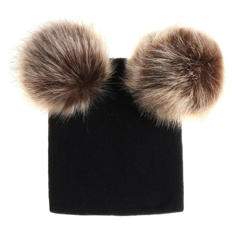 Nouvelle Tendance Bonnet Bébé Hiver Tricoté Chaud Double Pompon Fourrure Casquettes Bonnets Pour Filles Au Design Moderne