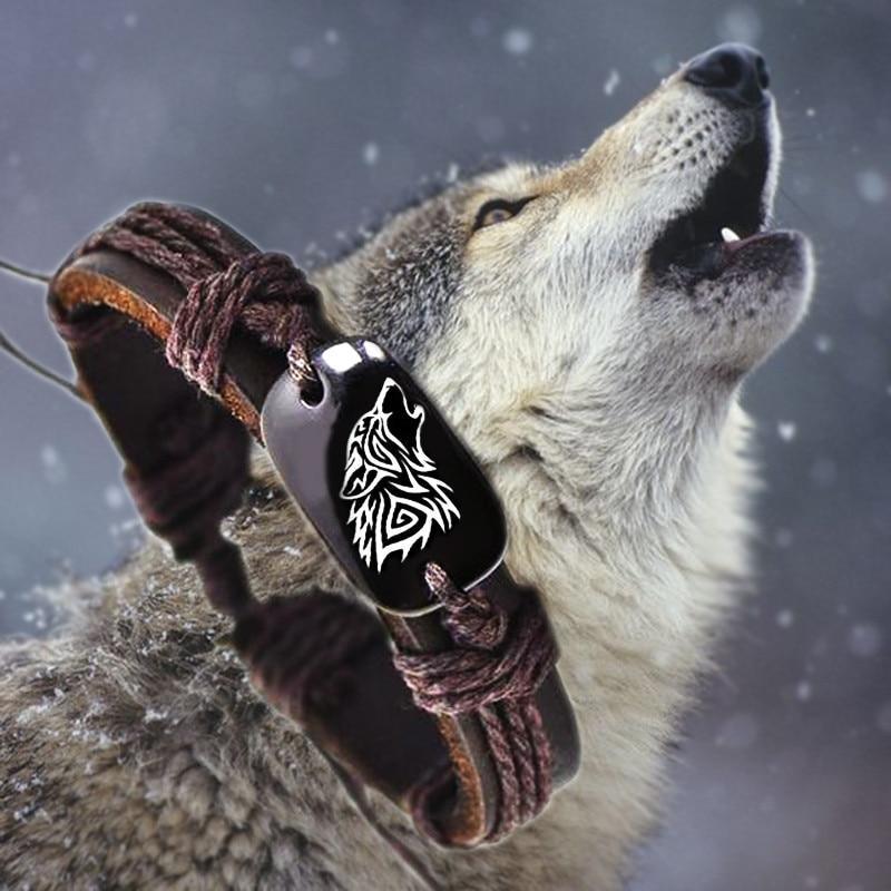 Bracelet élégant en corde tressée et cuir avec loup rugissant de luxe, en os de yak sculpté, mode, unisexe, pour homme et femme