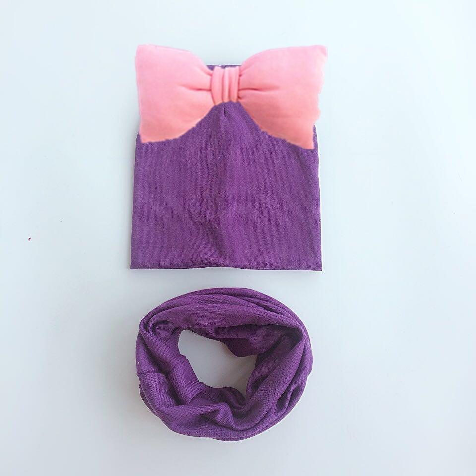Ensemble Bonnet Bébé Fille grand nœud Papillon en Coton avec Col Écharpe pour Filles Bébé
