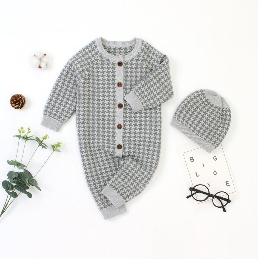 Grenouillère en coton tricotée pour nouveau-né avec bonnet à carreaux, combinaison pour bébés filles et garçons