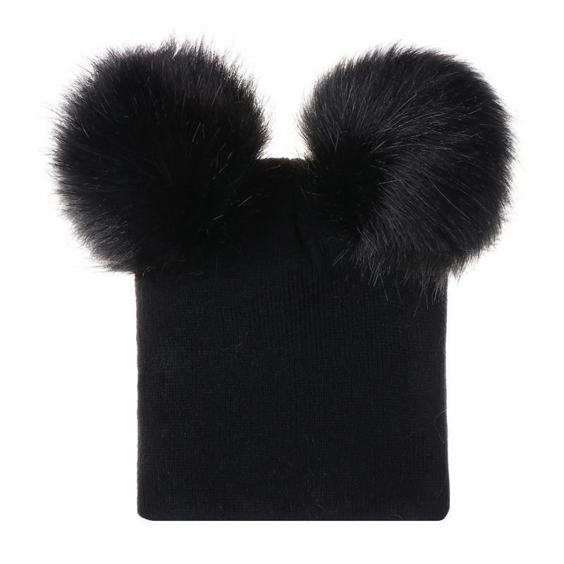 Nouvelle Tendance Bonnet Bébé Hiver Tricoté Chaud Double Pompon Fourrure Casquettes Bonnets Pour Filles Au Design Moderne