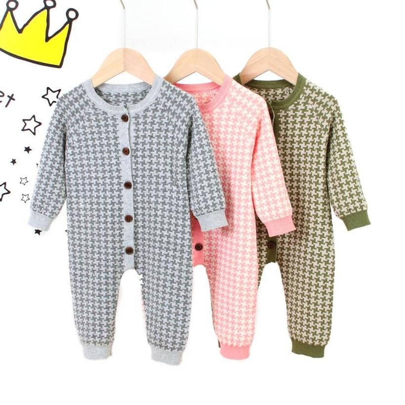 Grenouillère en coton tricotée pour nouveau-né avec bonnet à carreaux, combinaison pour bébés filles et garçons
