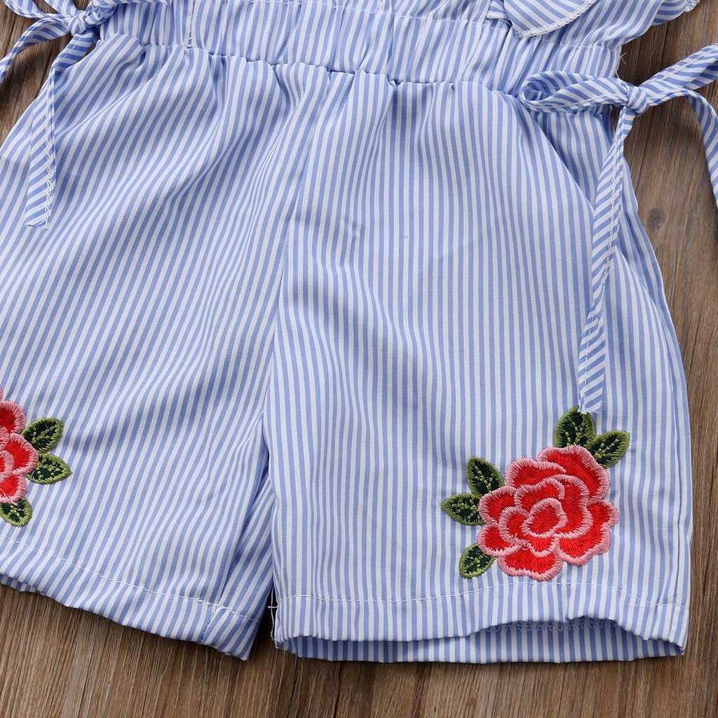 Barboteuse/combinaison d'été pour bébé fille, manches courtes pétales, taille élastique, imprimé floral, rayures bleues, robe en dentelle