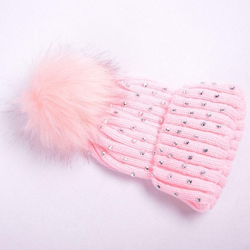 Chapeau Bébé Luxueux Enfant Nouveau-né à Pompon Casquette Tricotée Chaude Avec Strass pour Fille/Garçon Bonnet Doux pour Tout-petit