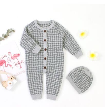 Grenouillère en coton tricotée pour nouveau-né avec bonnet à carreaux, combinaison pour bébés filles et garçons