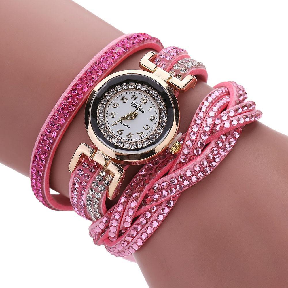 Montre décontractée tendance à quartz doré pour femme avec strass, bracelet en cuir tressé, cadeau, montre-bracelet pour femme
