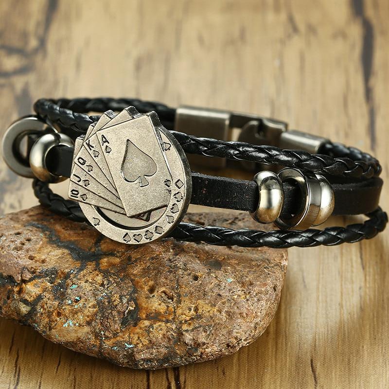 Bracelet en cuir Lucky Vintage pour hommes avec breloque cartes à jouer, tressé multicouche, cadeau pour hommes et femmes
