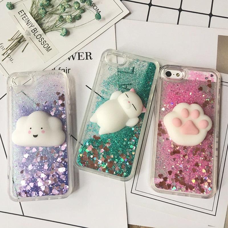 Coque 3D Chat pour iPhone 5s SE 7 7 Plus Coque Liquide Sable Mouvant Paillettes Silicone pour iPhone 8 8 Plus X 6 6s Étui Housse de Téléphone en Caoutchouc Silicone