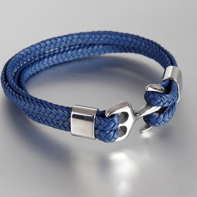 Bracelet élégant en cuir à la mode pour hommes Bijoux Bracelet en cuir de luxe bleu Ancre en acier inoxydable doré Corde tressée Superbe style nautique Cadeau bracelet d'amitié